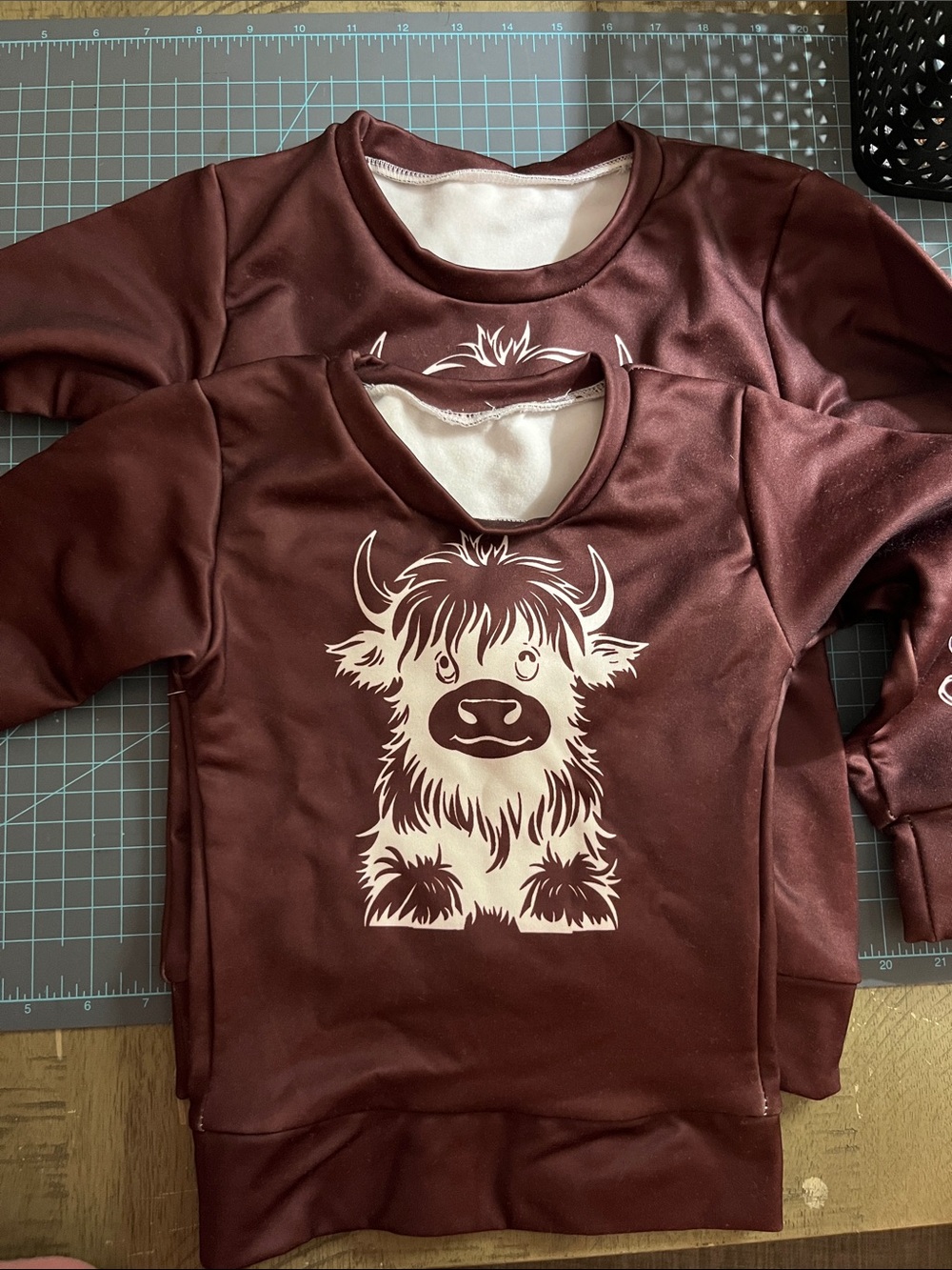 2 Kids Burgundy Crewneck Top with Cream Highland Cow Graphic 5T and 3T